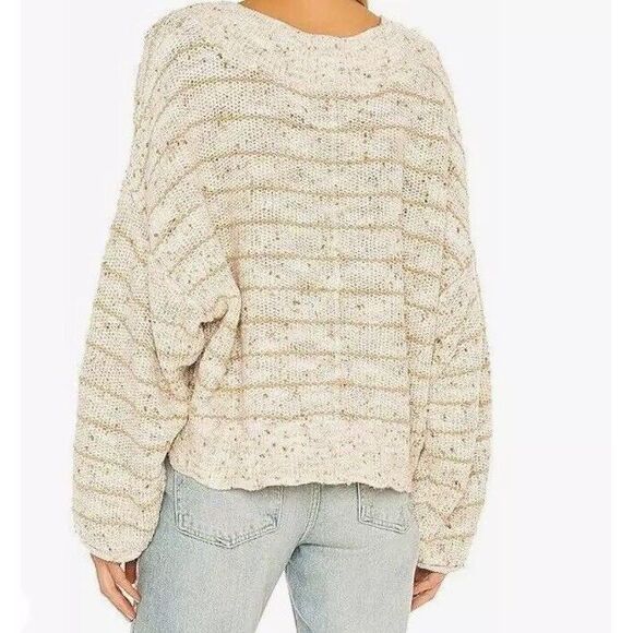 Free People Starlight Sweater Pearl Island Stripes Cream Oatmeal Comfy Size L - Picture 3 of 12